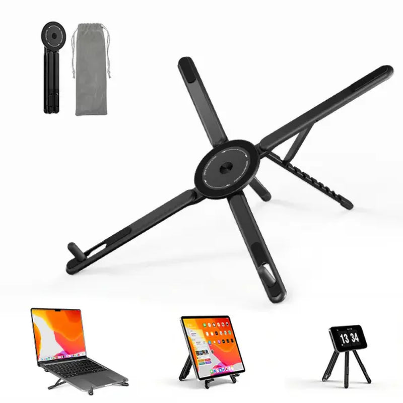 Viozon Ergonomic Portable Laptop Stand - Foldable 8-Heights Adjustable Aluminum PC Riser with Magnetic Phone Holder, Desk, Work & PC Accessories for Home Office (10-16” Laptops, 4-13” Phones/Tablets, Silver)