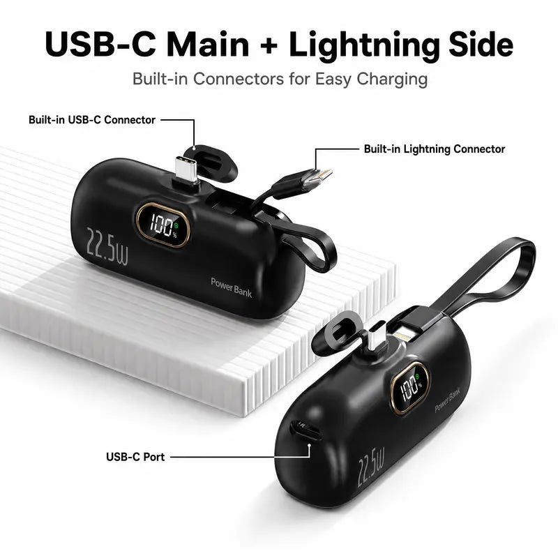 ARTCYBER 5000Mah Mini Power Bank - 22.5W Portable Iphone Charger with Built-In Cable, USB-C/USB-A Ports, Digital Battery Display, Compact Lightweight Charging Solution for Travel Emergency Power, Multi-Charge Phone Accessories