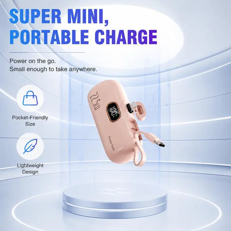 ARTCYBER 5000Mah Mini Power Bank - 22.5W Portable Iphone Charger with Built-In Cable, USB-C/USB-A Ports, Digital Battery Display, Compact Lightweight Charging Solution for Travel Emergency Power, Multi-Charge Phone Accessories