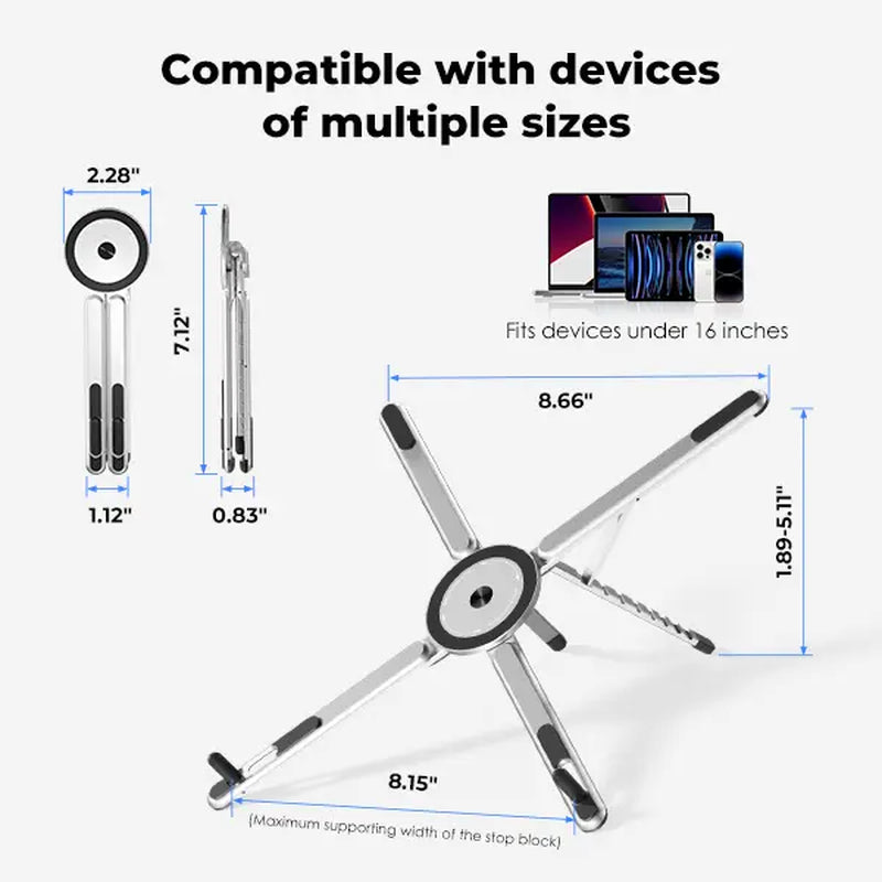 Viozon Ergonomic Portable Laptop Stand - Foldable 8-Heights Adjustable Aluminum PC Riser with Magnetic Phone Holder, Desk, Work & PC Accessories for Home Office (10-16” Laptops, 4-13” Phones/Tablets, Silver)