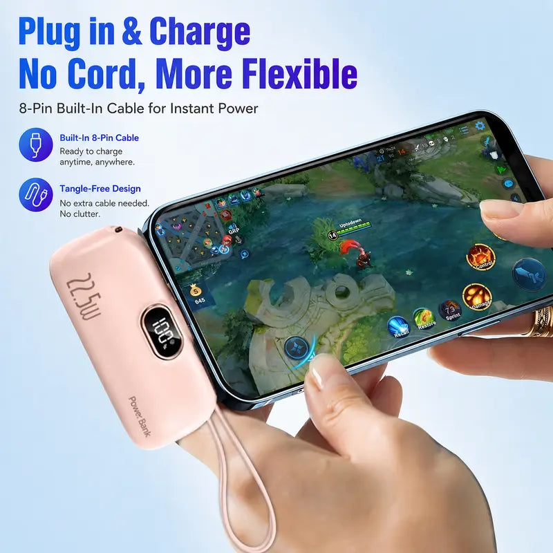 ARTCYBER 5000Mah Mini Power Bank - 22.5W Portable Iphone Charger with Built-In Cable, USB-C/USB-A Ports, Digital Battery Display, Compact Lightweight Charging Solution for Travel Emergency Power, Multi-Charge Phone Accessories