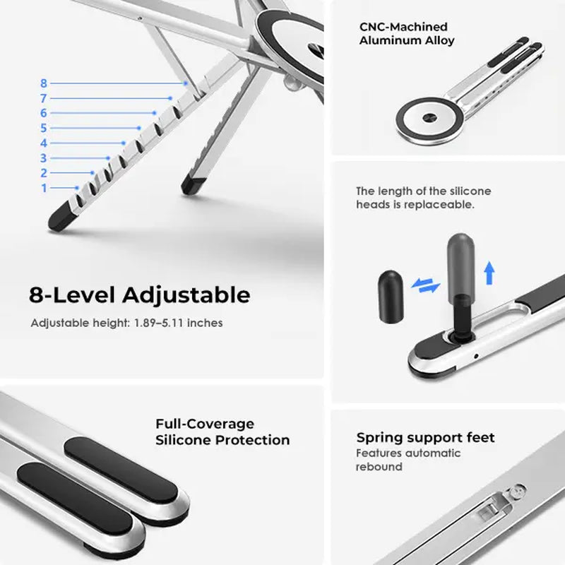 Viozon Ergonomic Portable Laptop Stand - Foldable 8-Heights Adjustable Aluminum PC Riser with Magnetic Phone Holder, Desk, Work & PC Accessories for Home Office (10-16” Laptops, 4-13” Phones/Tablets, Silver)