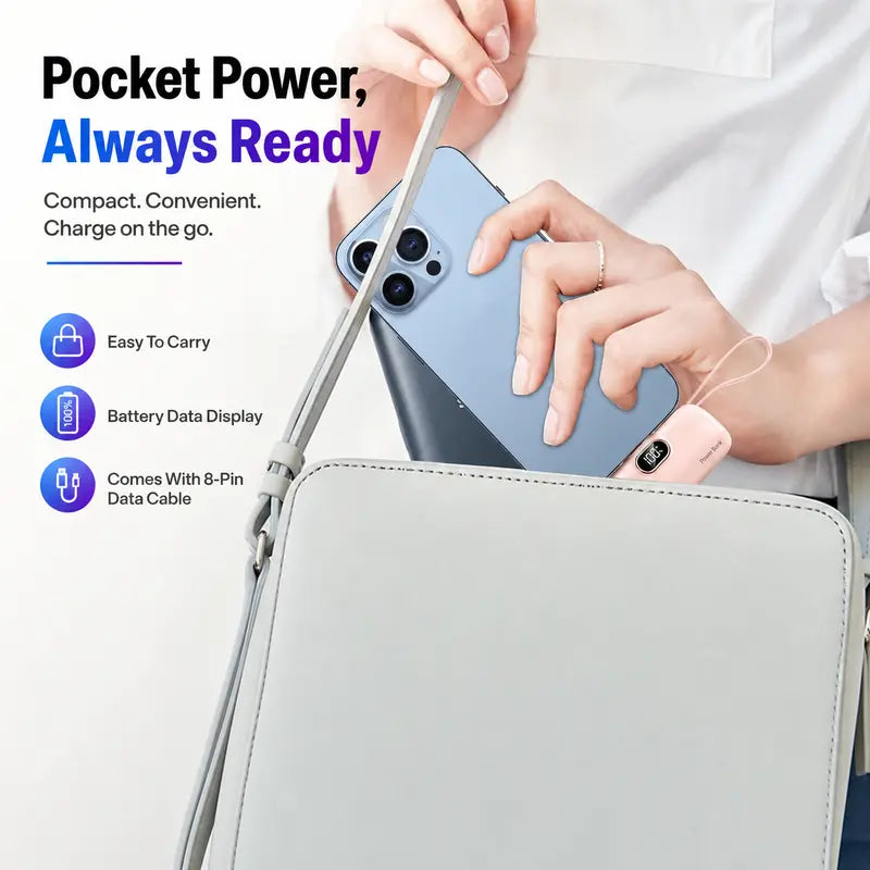 ARTCYBER 5000Mah Mini Power Bank - 22.5W Portable Iphone Charger with Built-In Cable, USB-C/USB-A Ports, Digital Battery Display, Compact Lightweight Charging Solution for Travel Emergency Power, Multi-Charge Phone Accessories