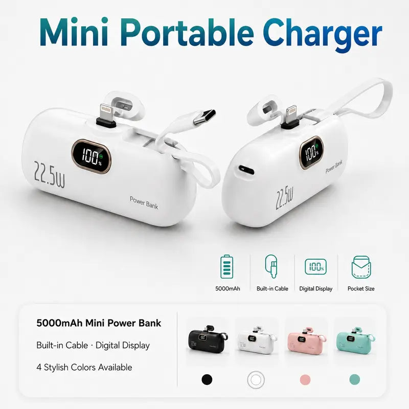 ARTCYBER 5000Mah Mini Power Bank - 22.5W Portable Iphone Charger with Built-In Cable, USB-C/USB-A Ports, Digital Battery Display, Compact Lightweight Charging Solution for Travel Emergency Power, Multi-Charge Phone Accessories
