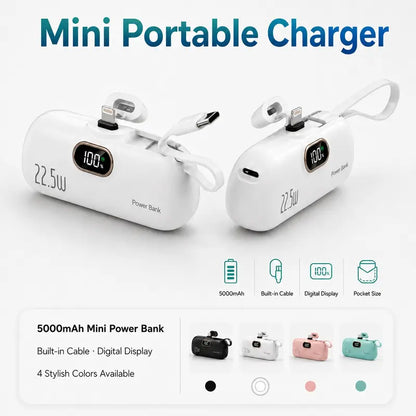ARTCYBER 5000Mah Mini Power Bank - 22.5W Portable Iphone Charger with Built-In Cable, USB-C/USB-A Ports, Digital Battery Display, Compact Lightweight Charging Solution for Travel Emergency Power, Multi-Charge Phone Accessories