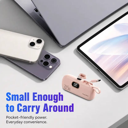 ARTCYBER 5000Mah Mini Power Bank - 22.5W Portable Iphone Charger with Built-In Cable, USB-C/USB-A Ports, Digital Battery Display, Compact Lightweight Charging Solution for Travel Emergency Power, Multi-Charge Phone Accessories