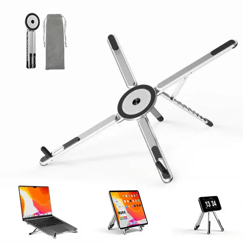 Viozon Ergonomic Portable Laptop Stand - Foldable 8-Heights Adjustable Aluminum PC Riser with Magnetic Phone Holder, Desk, Work & PC Accessories for Home Office (10-16” Laptops, 4-13” Phones/Tablets, Silver)
