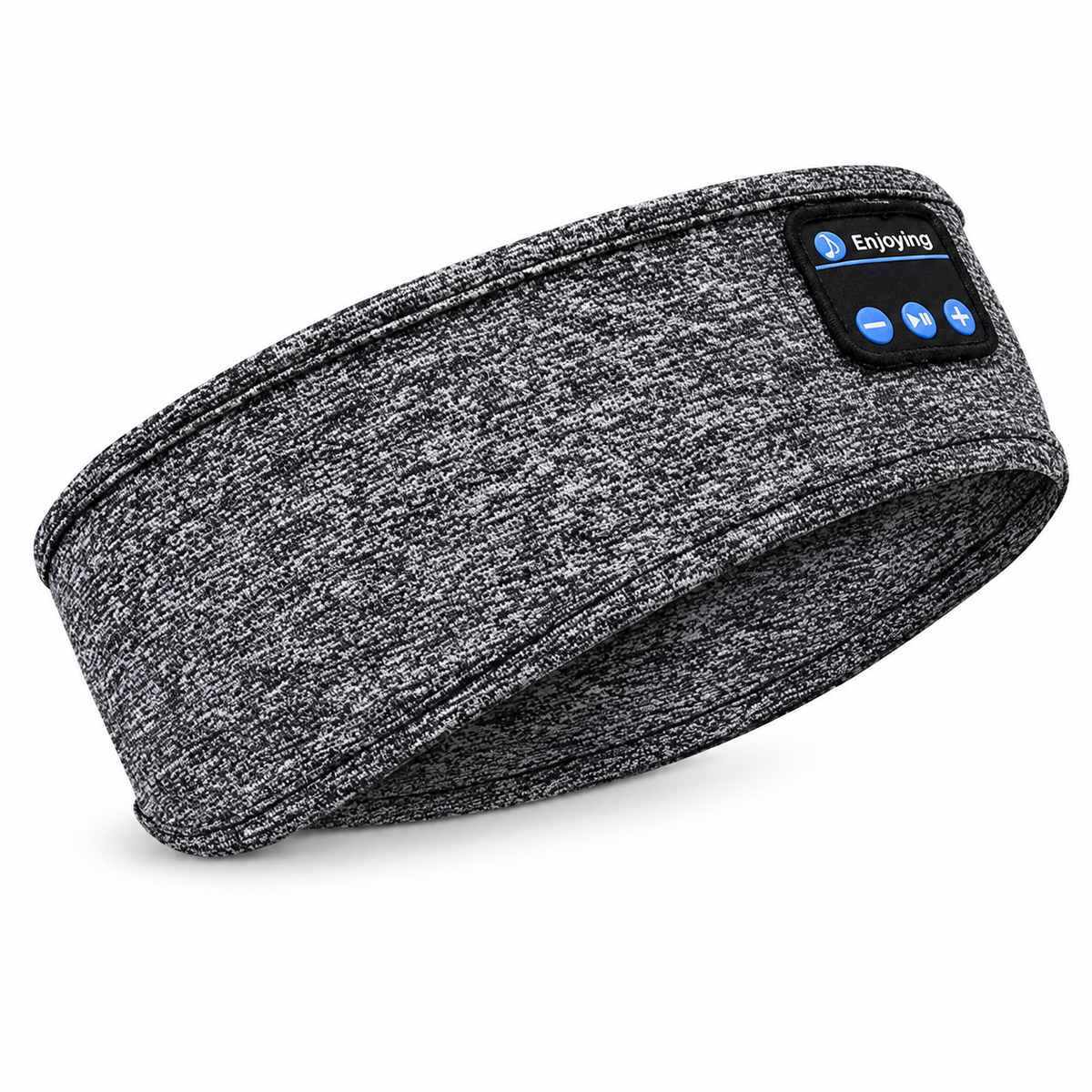 Grey Bluetooth fabric headband with three blue controls on a white background