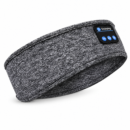 Grey Bluetooth fabric headband with three blue controls on a white background